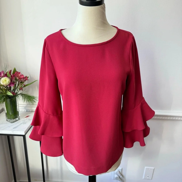 J. Crew Tops - J Crew Red Blouse with Tiered Ruffle Sleeves.